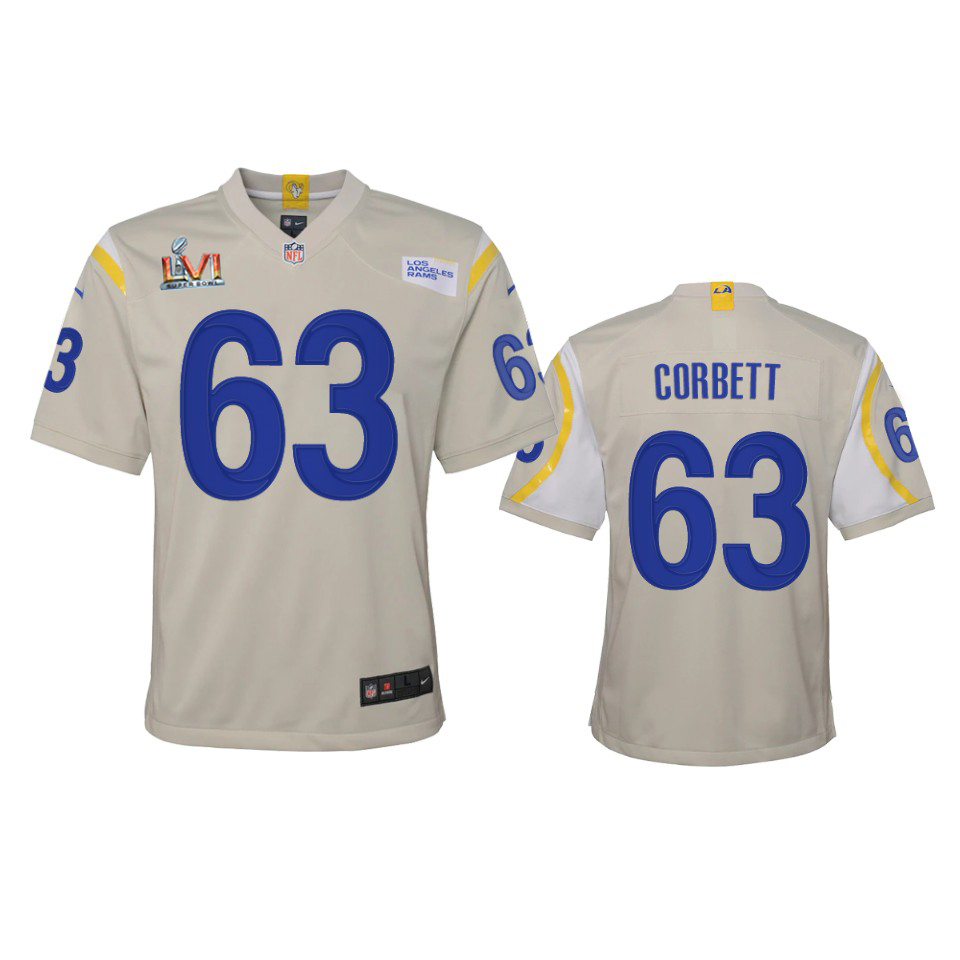 Stunning Los Angeles Rams #63 Austin Corbett Youth Super Bowl LVI Patch Game NFL Jersey Bone Limited stock Order now to show your love for the Rams