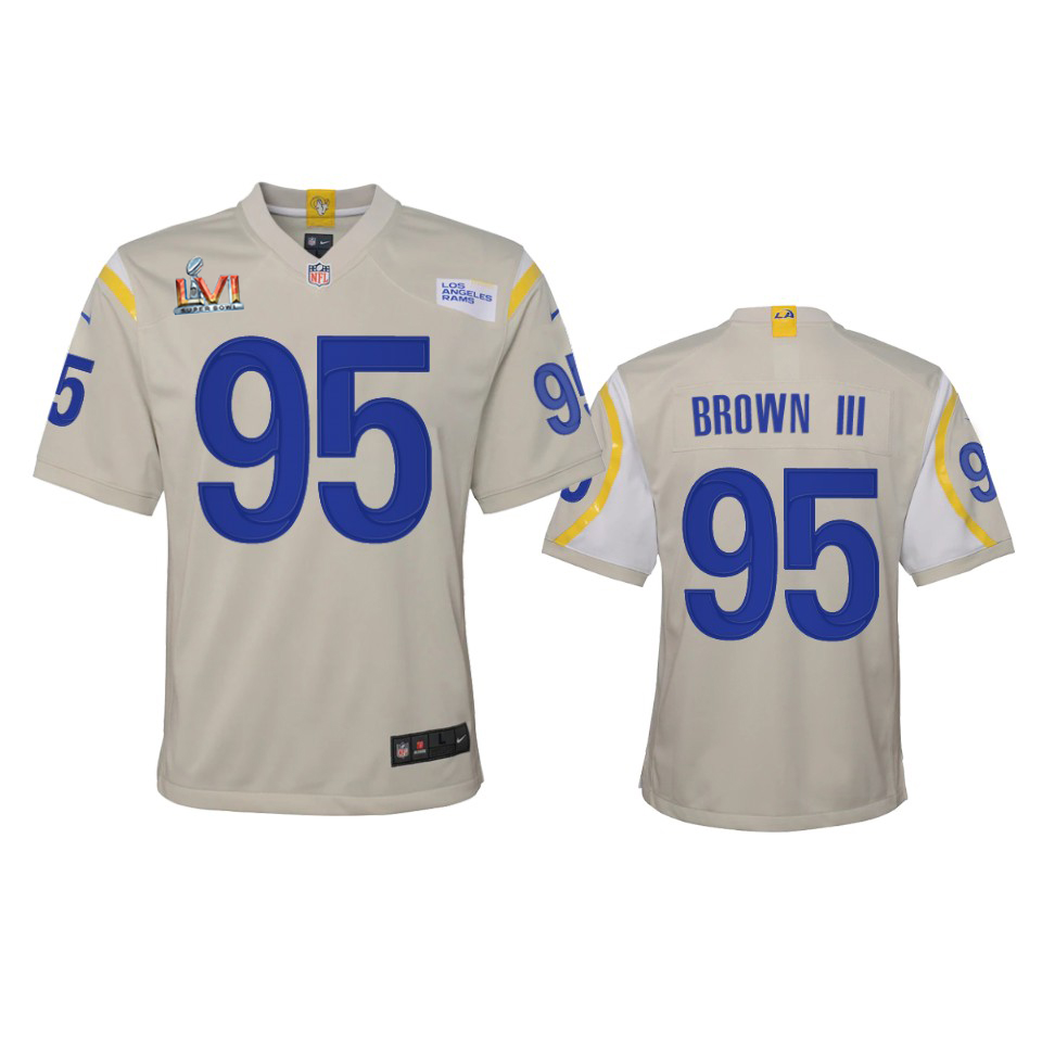 Stunning Los Angeles Rams #95 Bobby Brown III Youth Super Bowl LVI Patch Game NFL Jersey Bone Sports fans this is your chance Order soon to support the Rams