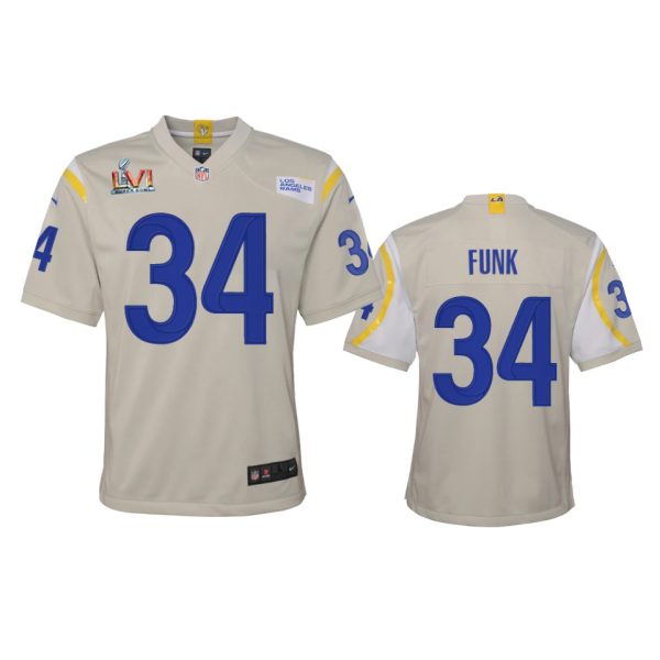 Superb Los Angeles Rams #34 Jake Funk Youth Super Bowl LVI Patch Game NFL Jersey Bone Collectors this is a must have Add this Rams item to your collection