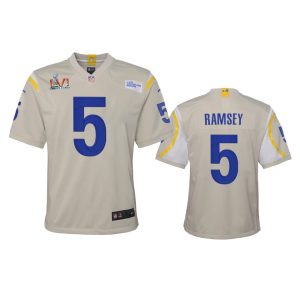 HighQuality Los Angeles Rams #5 Jalen Ramsey Youth Super Bowl LVI Patch Game NFL Jersey   Bone Limited stock Order now to show your love for the Rams