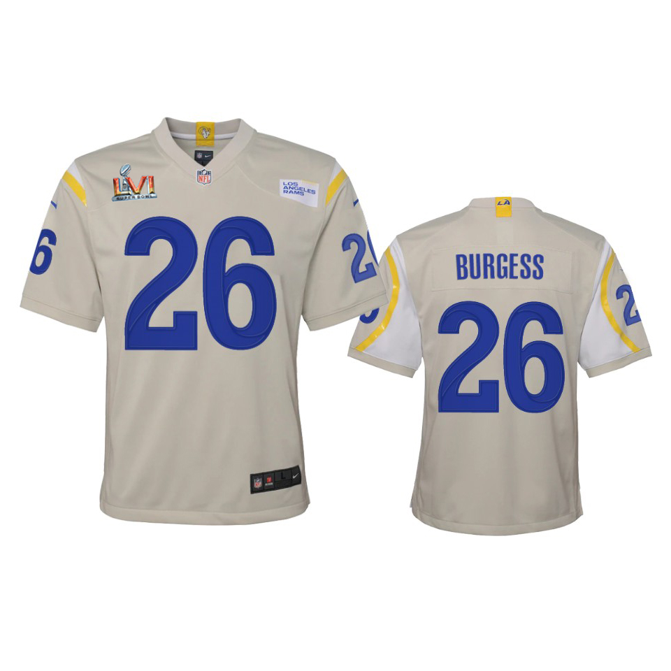 Gorgeous Los Angeles Rams #26 Terrell Burgess Youth Super Bowl LVI Patch Game NFL Jersey Bone Hurry Exclusive offer Place your order for Rams gear immediately