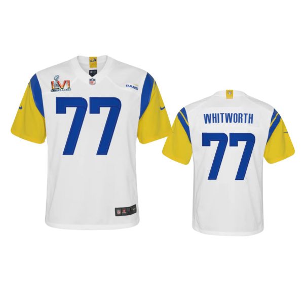 Outstanding Los Angeles Rams #77 Andrew Whitworth Youth Super Bowl LVI Patch Alternate Game NFL Jersey White With high demand Order now to wear your Rams pride
