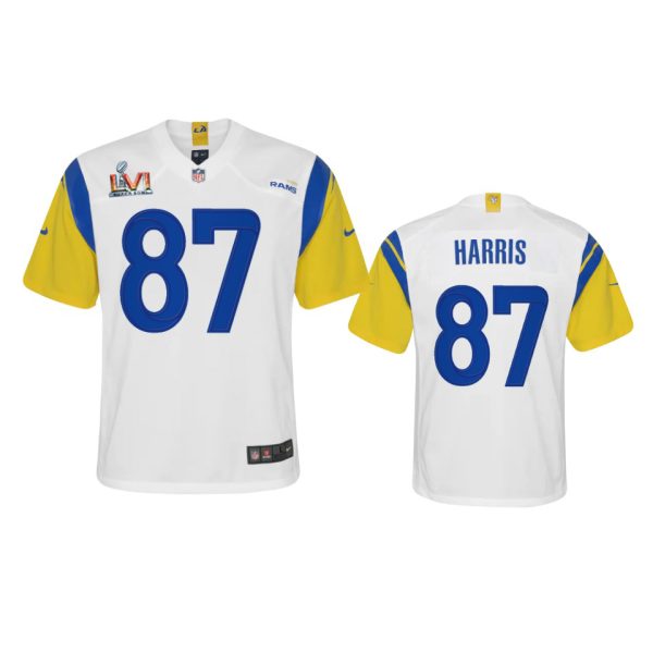 Amazing Los Angeles Rams #87 Jacob Harris Youth Super Bowl LVI Patch Alternate Game NFL Jersey White Collectors this is a must have Add this Rams item to your collection