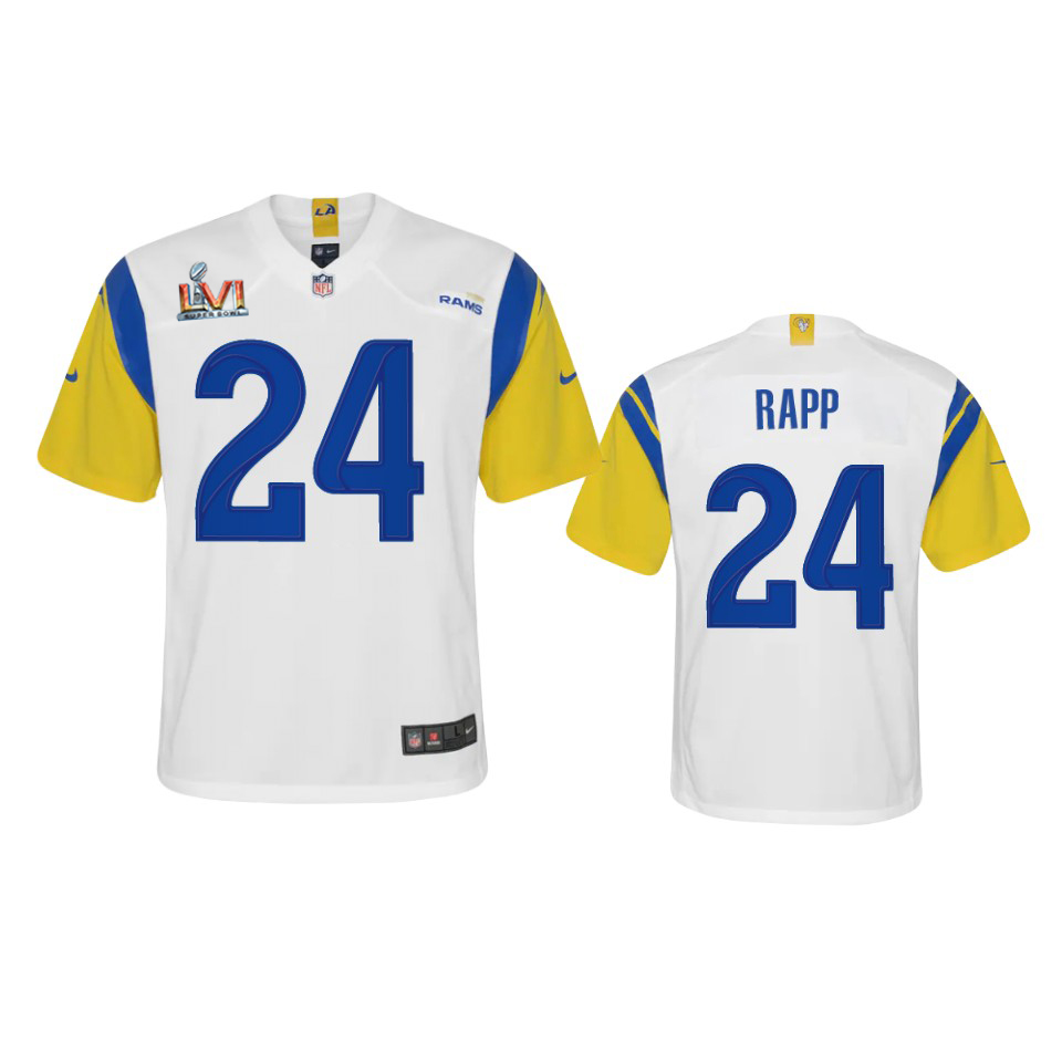 Premium Los Angeles Rams #24 Taylor Rapp Youth Super Bowl LVI Patch Alternate Game NFL Jersey White Act fast Only a few left Secure your Rams apparel today