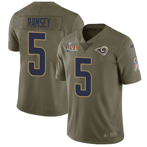 Exceptional Rams #5 Jalen Ramsey Olive Super Bowl LVI Patch Youth Stitched NFL Limited 2017 Salute to Service Jersey Collectors this is a must have Add this Rams item to your collection